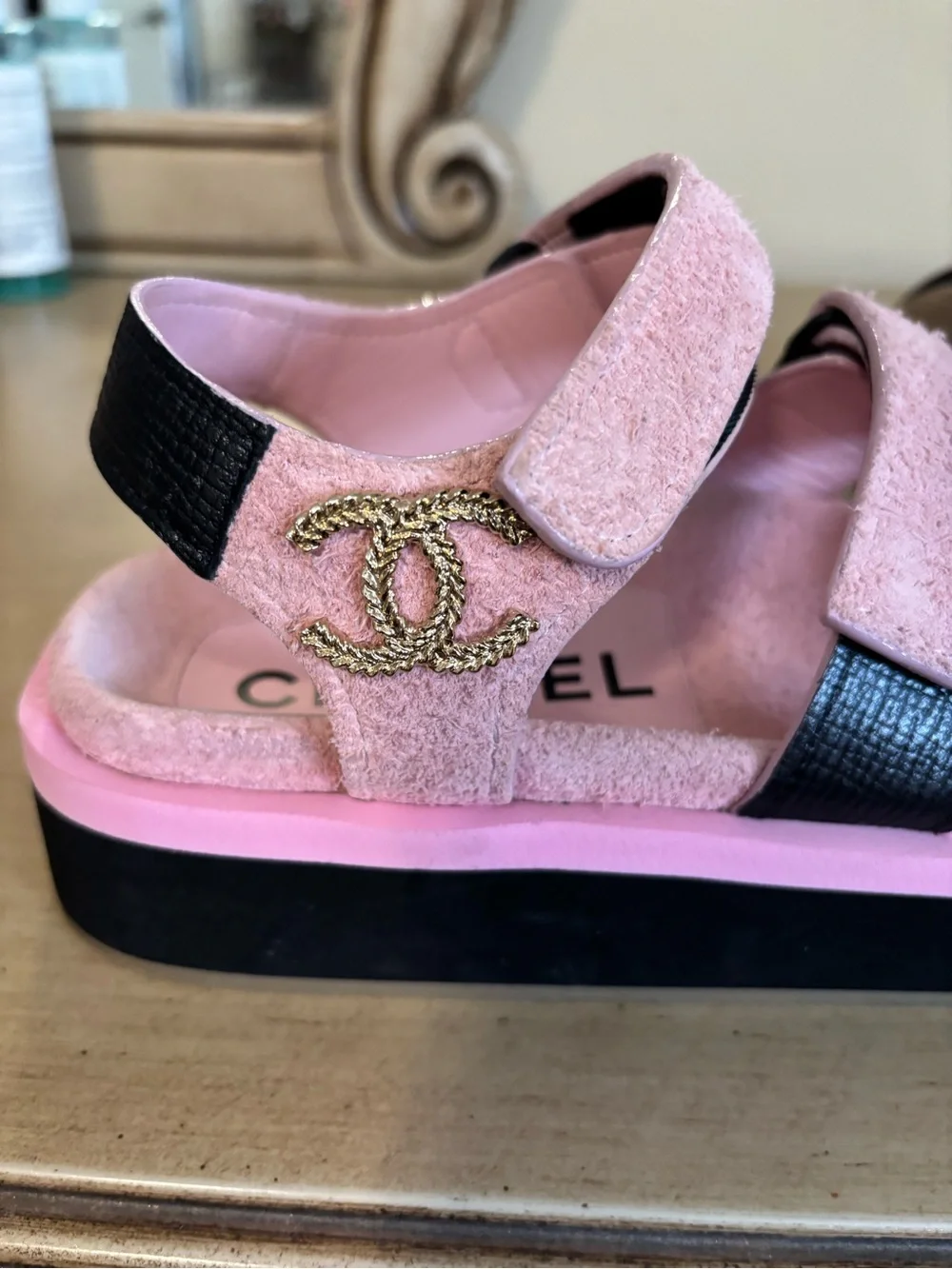 CHANEL Pink Suede Adjustable Strap sandal women